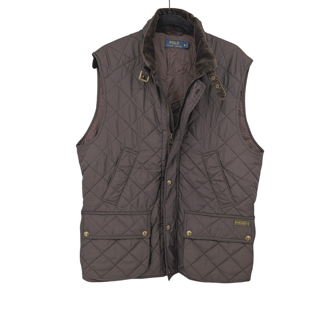 Polo Ralph Lauren Quilted Vest Mens Medium Brown Corduroy Leather Equestrian